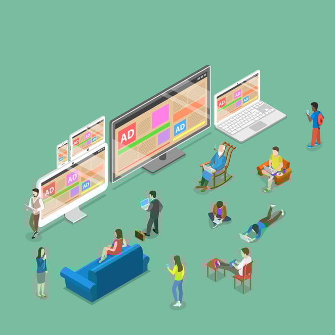 people sitting in front of big screens with different kinds of ads