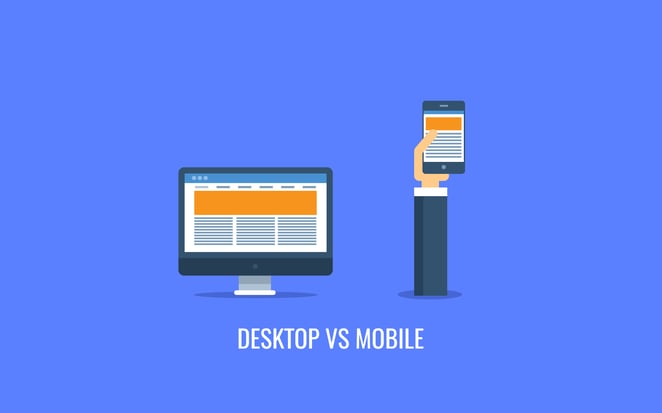 desktop vs mobile cartoon on blue