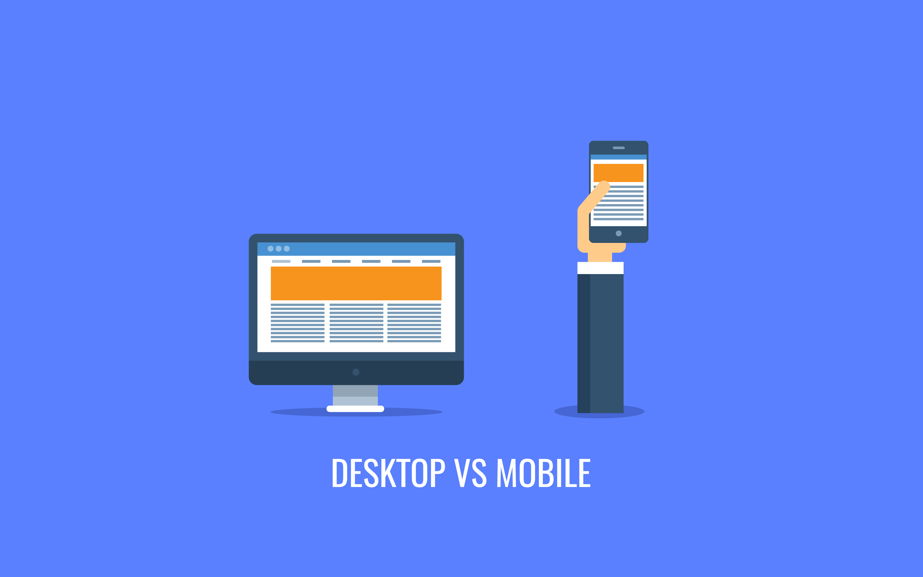 desktop vs mobile cartoon on blue